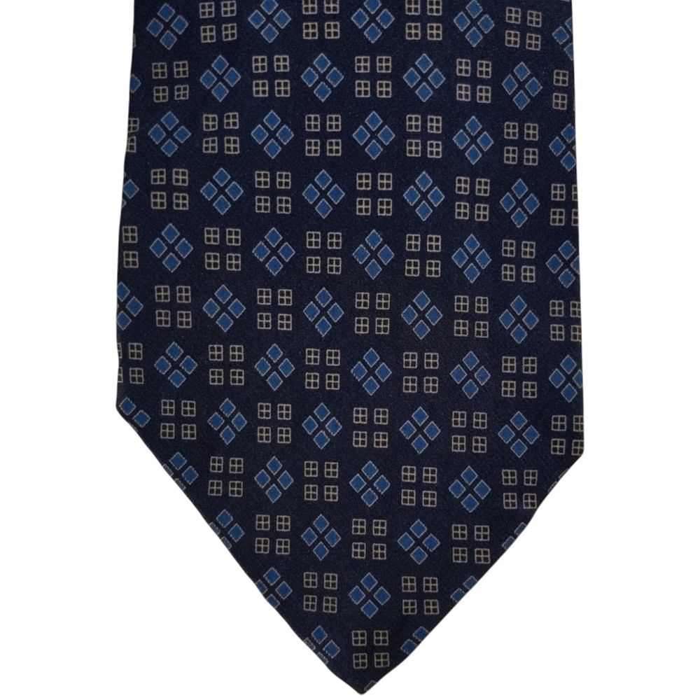 Vintage Polo Ralph Lauren Necktie Mens Silk Navy Blue Geometric Designer Tie EUC